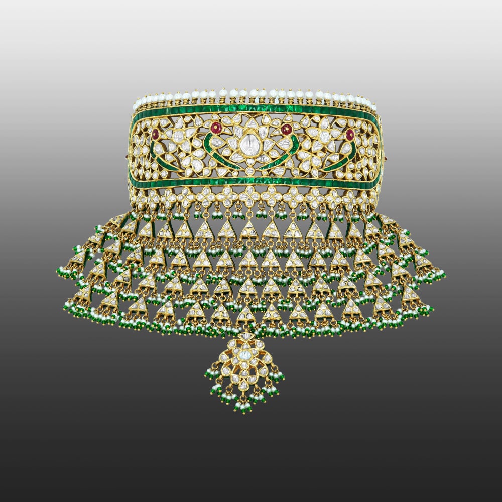 Traditional Polki Choker Aad with Emerald Accents and Pearl Fringe